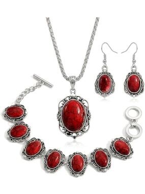 Anthropologie Silver-Tone Red Stone Necklace, Bracelet & Earring Set